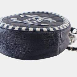 Pre Owned Chanel Navy Blue White Caviar Striped CC Filigree Round Crossbody