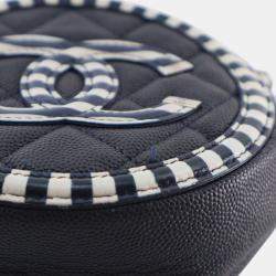 Pre Owned Chanel Navy Blue White Caviar Striped CC Filigree Round Crossbody