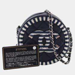 Pre Owned Chanel Navy Blue White Caviar Striped CC Filigree Round Crossbody