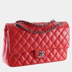 Pre Owned Chanel Red Medium Classic Caviar Double Flap