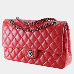 Pre Owned Chanel Red Medium Classic Caviar Double Flap