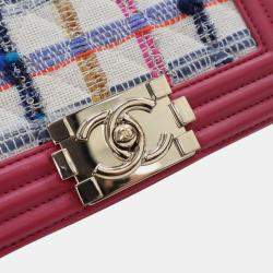 Pre Owned Chanel Pink White Small Tweed and Lambskin Boy Flap