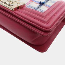 Pre Owned Chanel Pink White Small Tweed and Lambskin Boy Flap