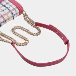 Pre Owned Chanel Pink White Small Tweed and Lambskin Boy Flap