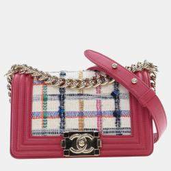 Pre Owned Chanel Pink White Small Tweed and Lambskin Boy Flap