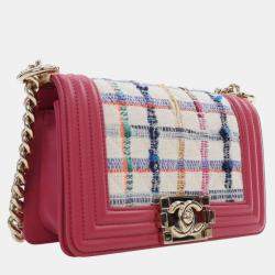 Pre Owned Chanel Pink White Small Tweed and Lambskin Boy Flap