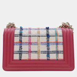 Pre Owned Chanel Pink White Small Tweed and Lambskin Boy Flap