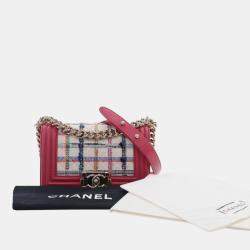 Pre Owned Chanel Pink White Small Tweed and Lambskin Boy Flap