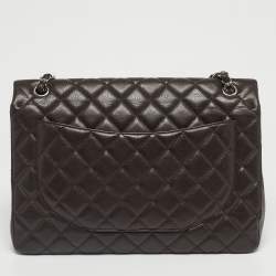 Pre Owned Chanel Dark Brown Quilted Caviar Leather Maxi Classic Single Flap Bag