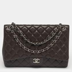 Pre Owned Chanel Dark Brown Quilted Caviar Leather Maxi Classic Single Flap Bag