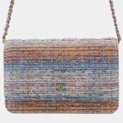 Pre Owned Chanel Multicolor CC Quilted Tweed Rainbow Hardware Wallet on Chain