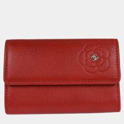 Pre Owned Chanel Red Calfskin Camellia Coin Purse Wallet