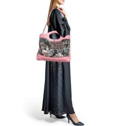 Pre Owned Chanel Pink/Black Printed Quilted Canvas and Leather Medium 31 Shopper Tote