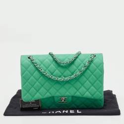 Pre Owned Chanel Green Quilted Caviar Leather Maxi Classic Double Flap Bag