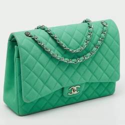 Pre Owned Chanel Green Quilted Caviar Leather Maxi Classic Double Flap Bag