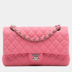Pre Owned Chanel Pink Medium Classic Jersey Double Flap