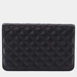 Pre Owned Chanel Black CC Quilted Lambskin Diamond Wallet On Chain