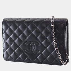 Pre Owned Chanel Black CC Quilted Lambskin Diamond Wallet On Chain