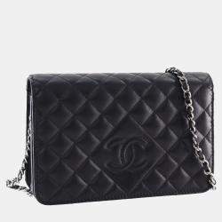 Pre Owned Chanel Black CC Quilted Lambskin Diamond Wallet On Chain