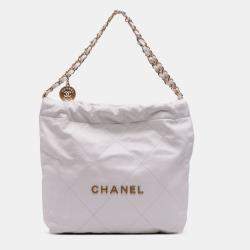 Pre Owned Chanel White Small Quilted Shiny Calfskin 22 Handbag