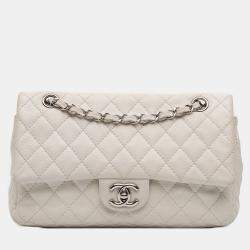 Pre Owned Chanel White Medium Classic Caviar Double Flap