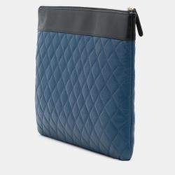 Pre Owned Chanel Blue Large Bicolor Sheepskin Mademoiselle Zip Clutch
