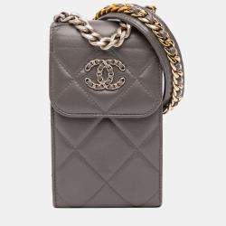 Pre Owned Chanel Grey Lambskin 19 Phone Holder with Chain