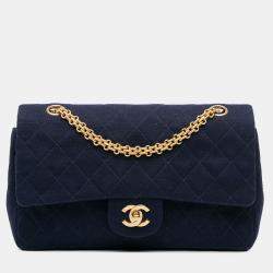 Pre Owned Chanel Blue Medium Classic Jersey Double Flap
