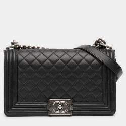 Pre Owned Chanel Black Old Medium Quilted Lambskin Boy Flap