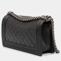 Pre Owned Chanel Black Old Medium Quilted Lambskin Boy Flap