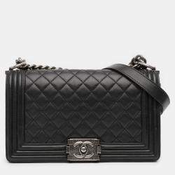 Pre Owned Chanel Black Old Medium Quilted Lambskin Boy Flap