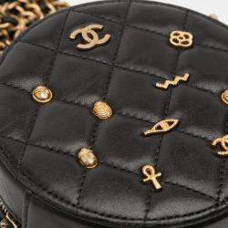 Pre Owned Chanel Black Quilted Lambskin Egyptian Amulet Charms Round Clutch with Chain