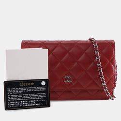 Pre Owned Chanel Red CC Quilted Lambskin Wallet on Chain