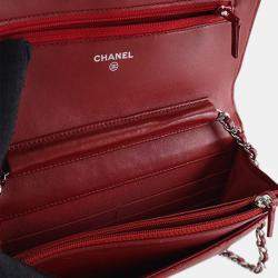Pre Owned Chanel Red CC Quilted Lambskin Wallet on Chain