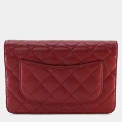 Pre Owned Chanel Red CC Quilted Lambskin Wallet on Chain