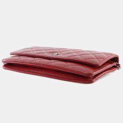 Pre Owned Chanel Red CC Quilted Lambskin Wallet on Chain