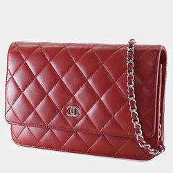 Pre Owned Chanel Red CC Quilted Lambskin Wallet on Chain