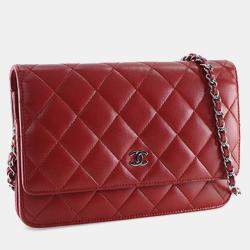 Pre Owned Chanel Red CC Quilted Lambskin Wallet on Chain