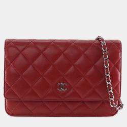 Pre Owned Chanel Red CC Quilted Lambskin Wallet on Chain
