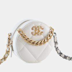 Pre Owned Chanel White Lambskin 19 Round Clutch with Chain