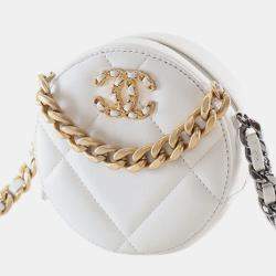Pre Owned Chanel White Lambskin 19 Round Clutch with Chain