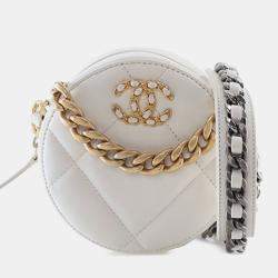 Pre Owned Chanel White Lambskin 19 Round Clutch with Chain