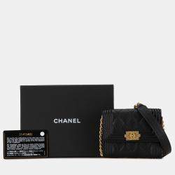 Pre Owned Chanel Black Quilted Caviar Boy Card Holder with Chain