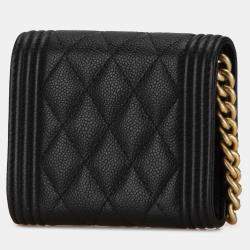 Pre Owned Chanel Black Quilted Caviar Boy Card Holder with Chain