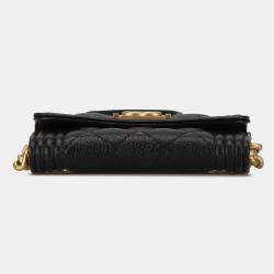 Pre Owned Chanel Black Quilted Caviar Boy Card Holder with Chain