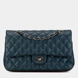 Pre Owned Chanel Blue Medium Classic Caviar Double Flap