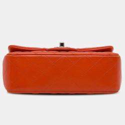 Pre Owned Chanel Orange Mini Rectangular Classic Lambskin Single Flap