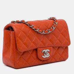 Pre Owned Chanel Orange Mini Rectangular Classic Lambskin Single Flap