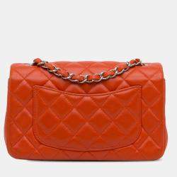 Pre Owned Chanel Orange Mini Rectangular Classic Lambskin Single Flap