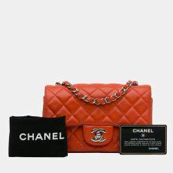 Pre Owned Chanel Orange Mini Rectangular Classic Lambskin Single Flap